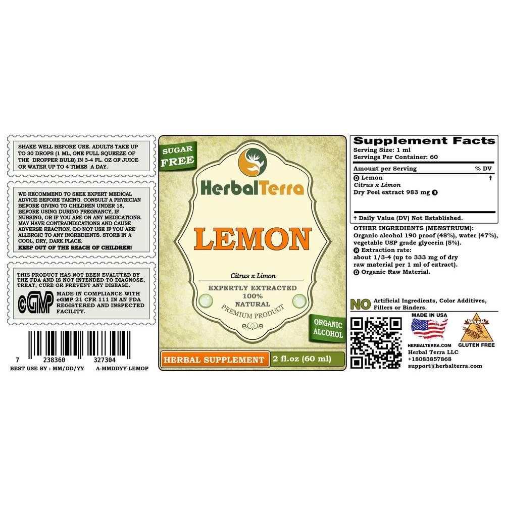 Lemon (Citrus x Limon) Tincture, Dried Peel Liquid Extract